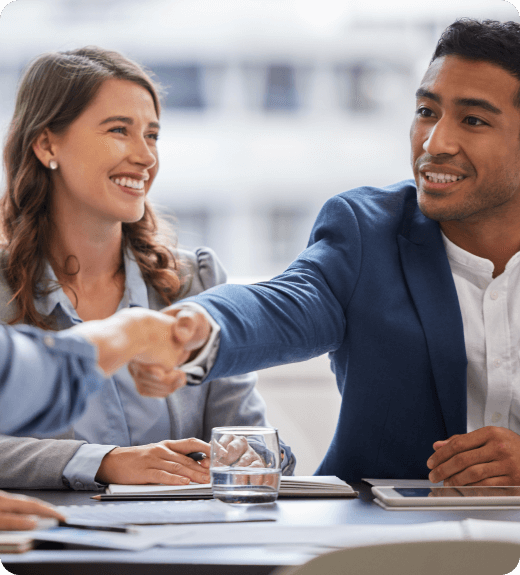 HR, man and woman shake hand with new employee